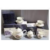 Thomas Kincaid Fine Bone China Tea Cups With Saucers, Qty 2, Cream & Sugar Set, And Matching Tea Pot