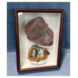 Vintage Basketball Face & Eye Protection Mask And Knee Pads In Wood Display Case, 20.5" x 15.5"