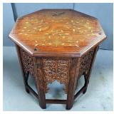 Antique Octagonal Inlaid Teak Anglo-Indian Occasional Table, Folding Fretwork Design Base, Top Is In