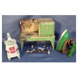 Miniature Metal Pot Belly Wood Stove, Childrens Tin Stove, And Toy Electric Iron, Powers On, Qty 3