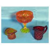 Colored Glass Serving Pieces And Collectibles Including Marigold Chalice, 5 Section Serving Tray, 11