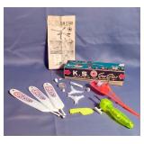 Vintage K.S. Sun Star 18" Air Screw Helicopter With Original Box And Manual, And 8" Railroad Spike F