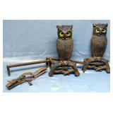 Vintage Cast Iron Owl Fireplace Andirons, Qty 2, And Vintage Small Animal Spring Trap