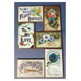 Antique Framed Postcards, Qty 6, Post Dates 1910-1915, And Vintage Brass Card Holder