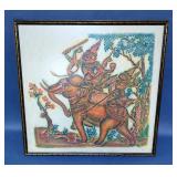 Vintage Polychrome Thai Temple Rubbing Framed Under Glass, 21" x 21.5"