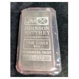 10 Troy oz .999 Fine Silver Bar Stamped Johnson Matthey Assayers & Refiners