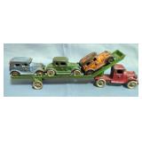 Vintage AC Williams Cast Iron Austin Car Carrier Toy, c. 1930s, Includes Carrier And 3 Cars, 12" Lon