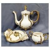 Gold Accent Ceramic Footed Teapot With Lid, Footed Creamer And Bowl