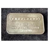 One Troy Ounce .999 Fine Silver Bar, Stamped Engelhard