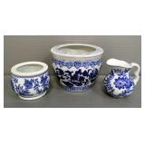 Blue & White Pottery Planters, And Creamer, Japanese Ceramic Tea Pot, And Japanese Ceramic Cocktail 