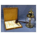 Brigitte Roger Stationary Box, Wood Gavel And Brass And Glass Jar