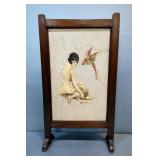 Oak Two Tiered Side Table, 30" x 15" x 15", And Antique Victorian Style Wood Fireplace Screen, 29" x