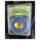 2014 W $5 Gold National Baseball Hall Of Fame Deep Cameo Proof Coin, First Day Of Issue, ANACS Certi