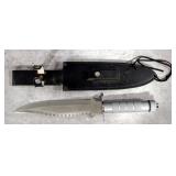 Fixed Blade Survival Knife, 8.75" Blade With Serrated Back Edge, Some Contents In Handle, In Leather