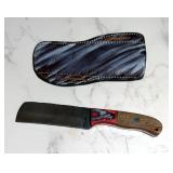Custom Damascus Fixed Blade Knife, 4.25" Sheepsfoot Blade, In Tooled Leather Sheath