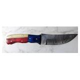 Custom Damascus Fixed Blade Knife, 4.25" Blade, In Leather Sheath