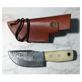 Custom Damascus Fixed Blade Knife, 2.75" Blade, In Tooled Leather Sheath