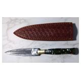 Custom Damascus Fixed Blade Dagger, 4" Blade, In Tooled Leather Sheath