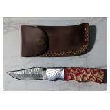 Custom Damascus Folding Knife, 3" Blade, In Leather Sheath
