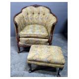Antique Upholstered Tub Chair With Carved Wood Trim And Feet, 33" x 34" x 36" With Matching Footstoo