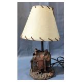 Western Heritage Saddle Table Lamp, 15.5" Tall, And Railroad Lantern Style Light With Christmas Ligh