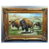 Roaming Buffalo Giclee Framed Art Print on Canvas - Frame Measures 46.5" x 34.5" - Canvas Measures 3