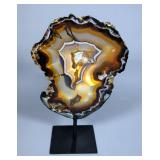 Brazillian Banded Agate Slice On Metal Display Stand, 13x8"
