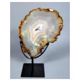 Brazillian Banded Agate Slice On Metal Display Stand, 12.5x7.5"