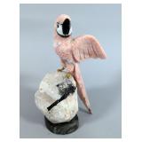 Carved Stone Parrot On Quartz And Tourmaline, 7" Tall