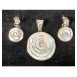 Handmade Peruvian Mother of Pearl Spiral Pendant and Earrings, 950 Silver and Natural Stones