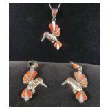 Handmade Peruvian Hummingbird Pendant With 20" Sterling Silver Chain And Earrings, 950 Silver and Na