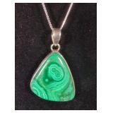 Natural Malachite Cabachon Pendant - 925 Silver Mounting And 20" Sterling Silver Chain