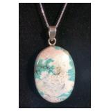 Natural Ocean Agate Cabachon Pendant - 925 Silver Mounting And 20" Sterling Silver Chain