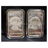US Liberty Indian Head 1 Ounce .999 Fine Silver Bars, Qty 2