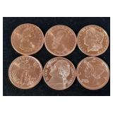 Copper Round 1 oz Coins, Qty 6
