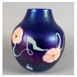 Signed Robert Held Art Glass Blue Floral Vase - Measures 8" Tall x 6.5" Wide