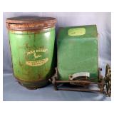 Vintage John Deere Corn Planter Parts Including Seed Hopper, 17.5" Tall, And Seed Box, 16" Tall
