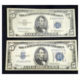 1934 And 1953 $5 Dollar Large Blue Seal Silver Certificates