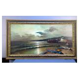 A. Torrielli Moonlight Fishing Village Oil On Canvas Painting In Gesso Frame, 32.5" x 54.5"