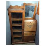 Antique Side By Side Secretary Fold Down Desk With 4 Shelf Display Cabinet, 62" X 38" X 13"