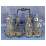 Metal Milk Carrier With Glass Milk Bottles Including Dixie Dairy Company One Quart Bottle, And 6 Unb
