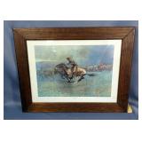 Printed Picture In Wood Frame, "Stampeded By Lighting", Frederic Remington 1861-1909, From Original 