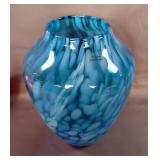 Vintage Smith Pink Iridescent Carnival Glass Basket, 7" x 14" x 12" And Art Glass Blue Vase 11" Tall