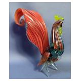 Vintage Hand Blown 9" Tall Art Glass Orange And Clear Rooster Figurine