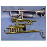 C.G. Conn Ltd Trumpet, U.S. Regulation Brass Bugle, And Vintage French Brass Jazzophone Toy
