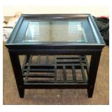 Tray Top Side Table with Glass Top and Lattice Style Shelf, 23"T x 24"W x 28"D