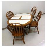Wood Single Pedestal Dining Room Table with Hidden Leaf and Tile Inlay, Includes 4 Chairs, 29.5"T x 