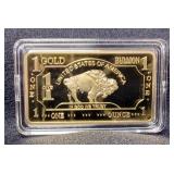 United States Of America 1 Troy Ounce 500 Mil Thick .999 Fine Gold Clad Buffalo Art Bar