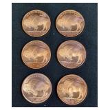Copper Indian Head Coins With Buffalo On Reverse, Each Weighing 1 Ounce, Qty 6