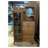 Side By Side Secretary, 3 Drawers, Beveled Mirror, 5-Shelves With Convex Glass Door, 69.5" H x 37" W